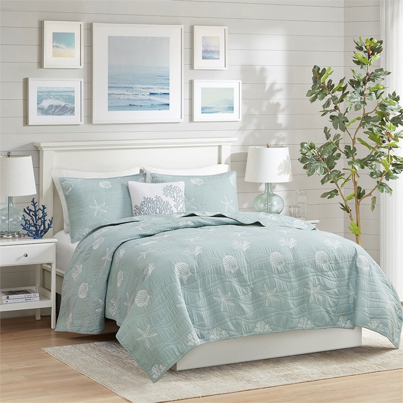 Harbor House Seaside Cotton Percale Coverlet Set with Embroidery in Green