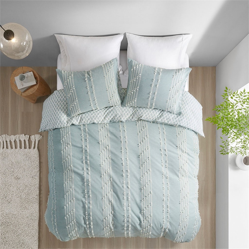 INK+IVY Kara Modern Cotton Jacquard Duvet Cover Set in Aqua Blue Finish