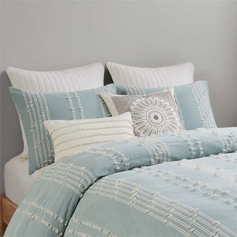 INK+IVY Kara Modern Cotton Jacquard Duvet Cover Set in Aqua Blue Finish