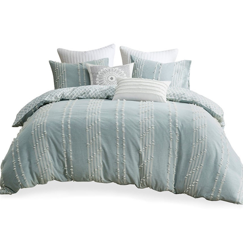 INK+IVY Kara Modern Cotton Jacquard Duvet Cover Set in Aqua Blue Finish