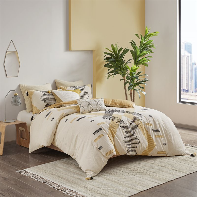 INK+IVY Arizona 3-piece Cotton Geometric Full/Queen Duvet Cover Set in Yellow