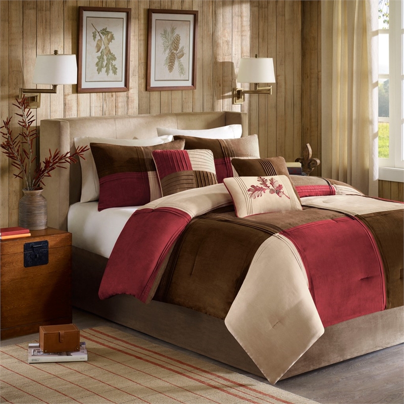 Madison Park Jackson Blocks 7-piece Microsuede Comforter Set in Red/Brown
