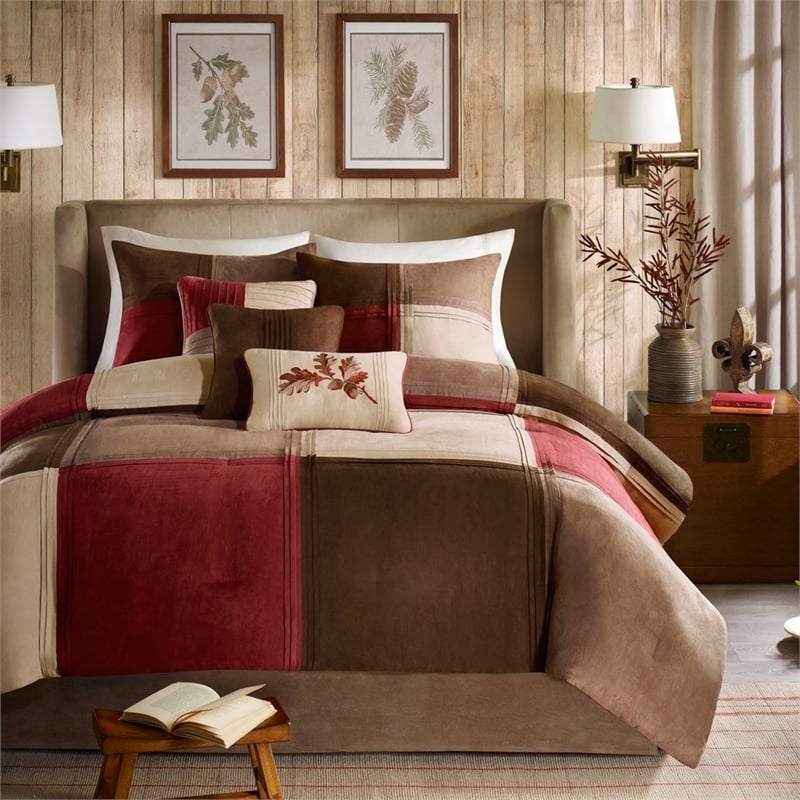 Madison Park Jackson Blocks 7-piece Microsuede Comforter Set in Red/Brown