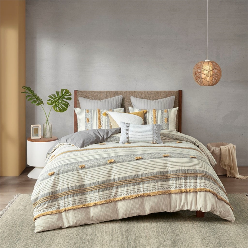 INK+IVY Cody 3-piece Contemporary Cotton Duvet Cover Set in Yellow/Gray