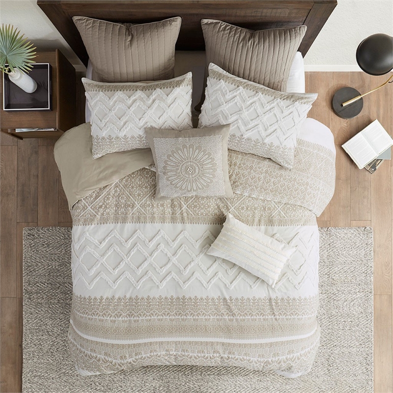 INK+IVY Mila 3-piece Cotton Printed Duvet Cover Set with Chenille - Taupe Brown