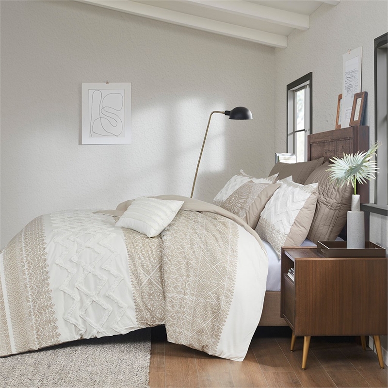 INK+IVY Mila 3-piece Cotton Printed Duvet Cover Set with Chenille - Taupe Brown