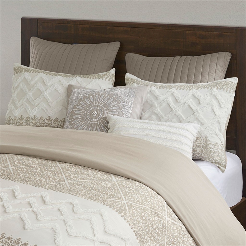 INK+IVY Mila 3-piece Cotton Printed Duvet Cover Set with Chenille - Taupe Brown