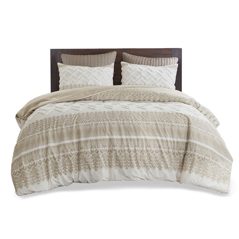 INK+IVY Mila 3-piece Cotton Printed Duvet Cover Set with Chenille - Taupe Brown