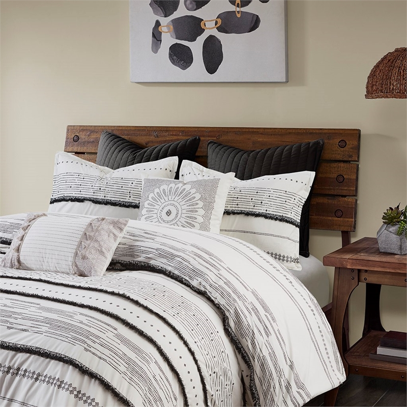 INK+IVY Modern Cotton Printed Duvet Cover Set with Trims in White/Black