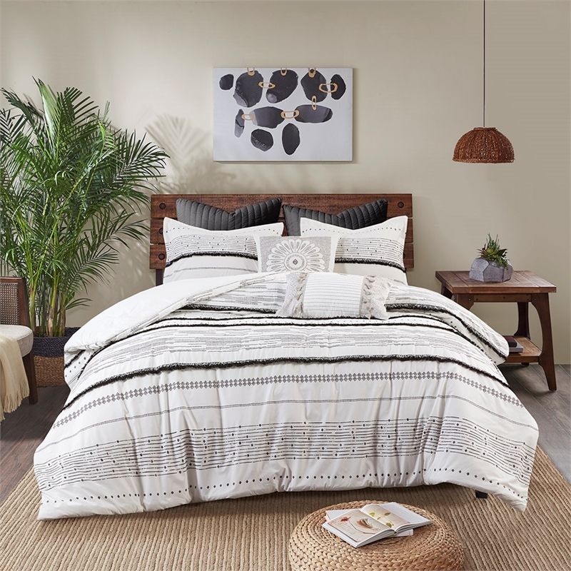 INK+IVY Modern Cotton Printed Duvet Cover Set with Trims in White/Black