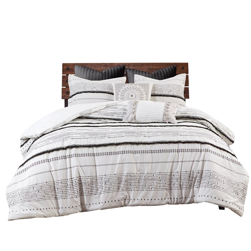 INK+IVY Modern Cotton Printed Duvet Cover Set with Trims in White/Black