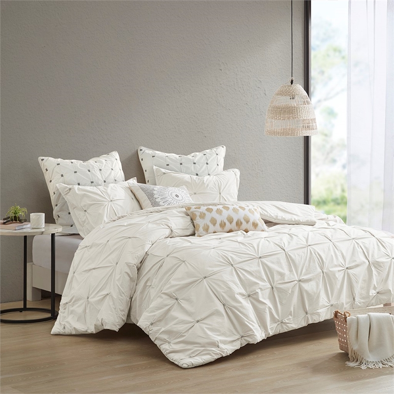 INK+IVY Masie 3-piece Mid-Century Cotton Percale Duvet Cover Set in White Finish