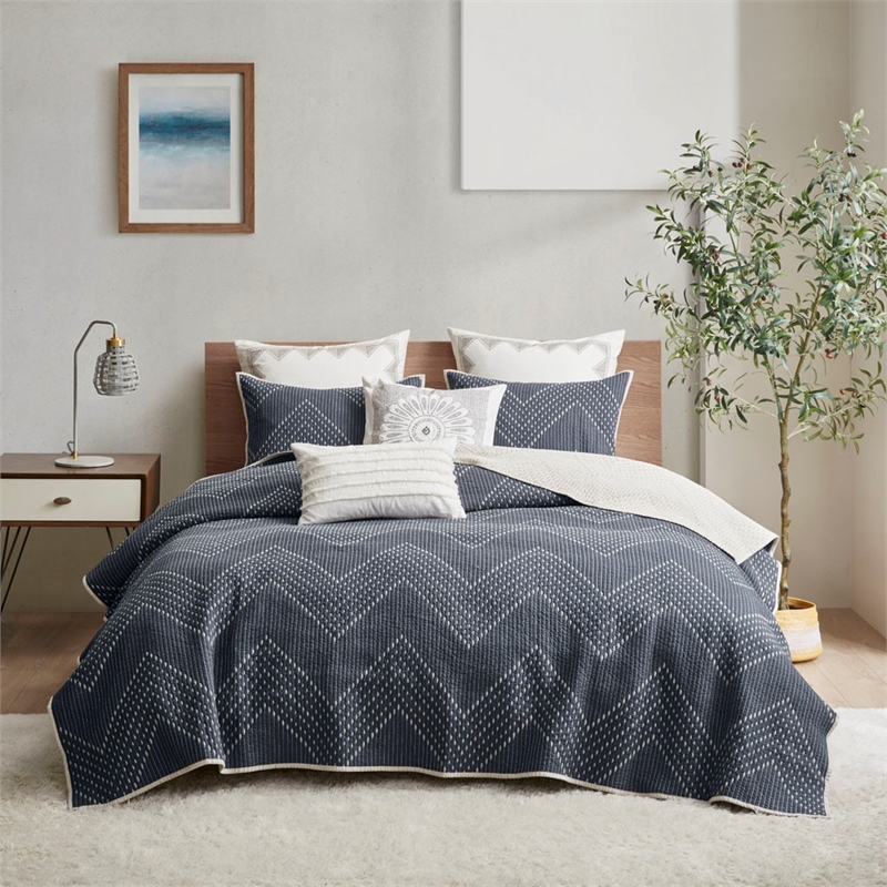 INK+IVY Pomona 3-Piece Contemporary Cotton Coverlet Mini Set in Navy