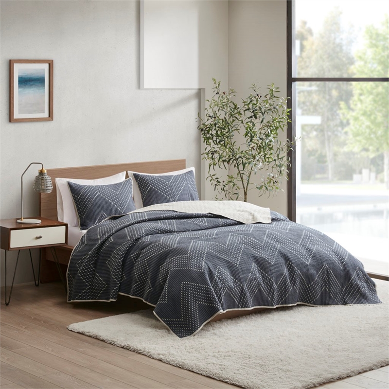 INK+IVY Pomona 3-Piece Contemporary Cotton Coverlet Mini Set in Navy