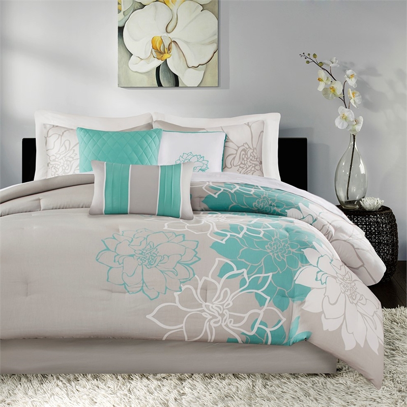 Madison Park Lola 7-piece Cotton Sateen Printed Comforter Set in Aqua Blue