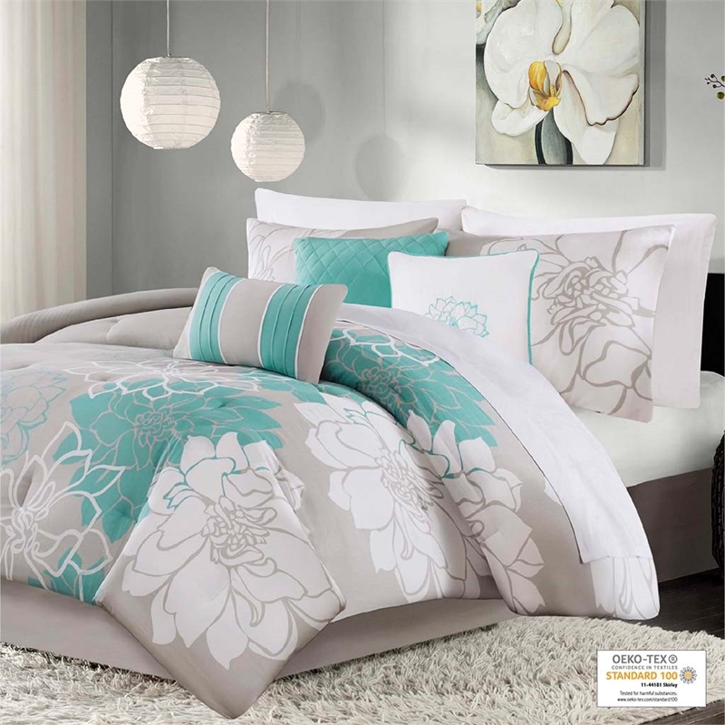 Madison Park Lola 7-piece Cotton Sateen Printed Comforter Set in Aqua Blue