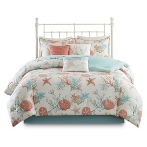 madison park pebble beach 7-piece cotton sateen comforter set in coral pink