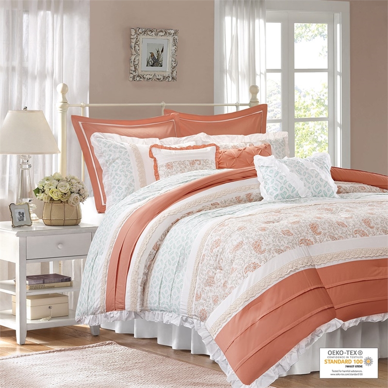 madison park dawn 9-piece cotton percale comforter set in coral pink