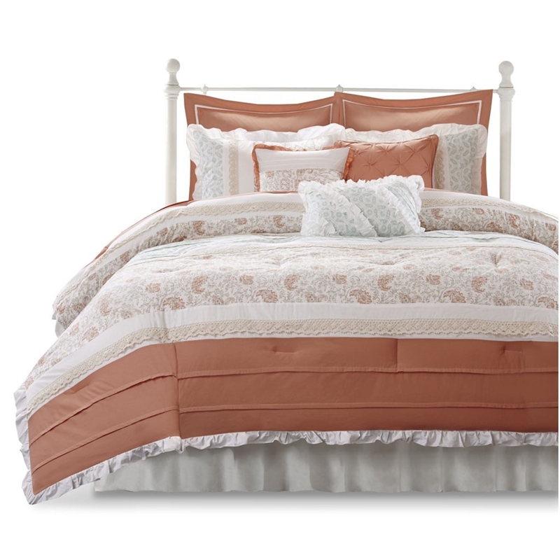 Madison Park Dawn 9-piece Cotton Percale Comforter Set in Coral Pink