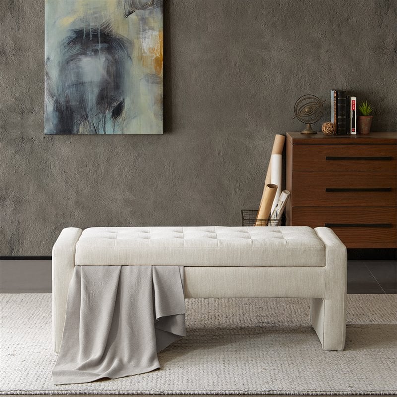 Madison Park Gillian Modern Hardwood and Polyester Storage Bench in Cream