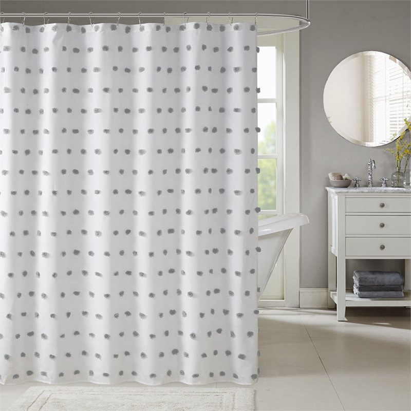 Madison Park Sophie Polyester Clip Shower Curtain in Gray/White