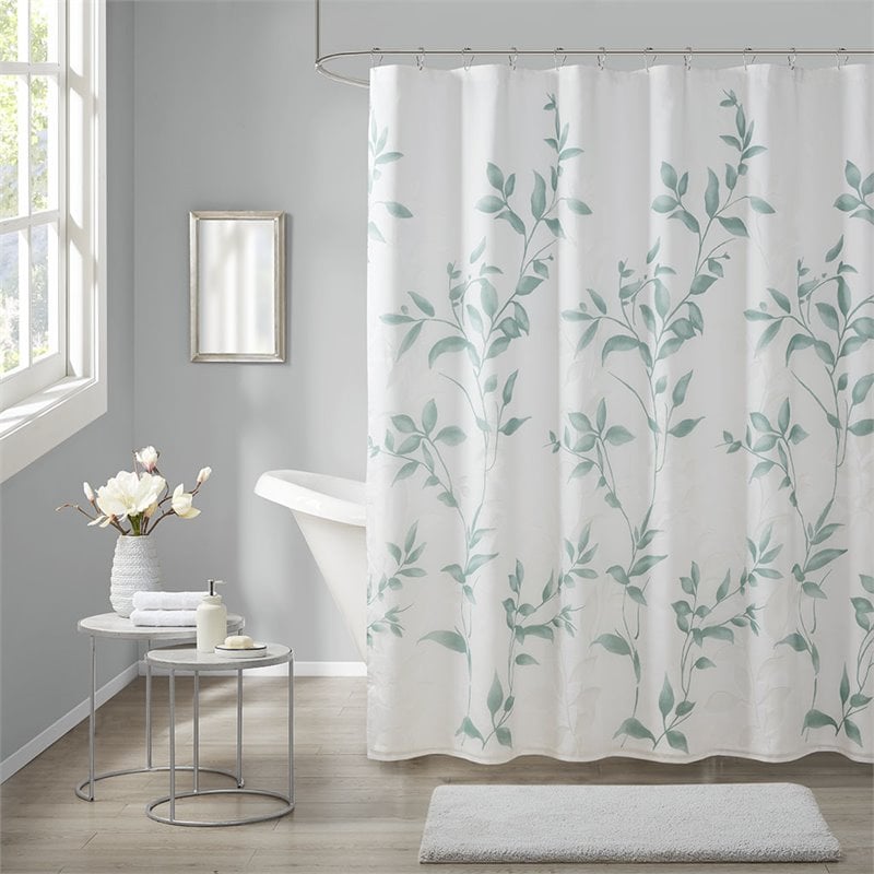 Madison Park Cecily Rayon Polyester Printed Shower Curtain in Seafoam Green