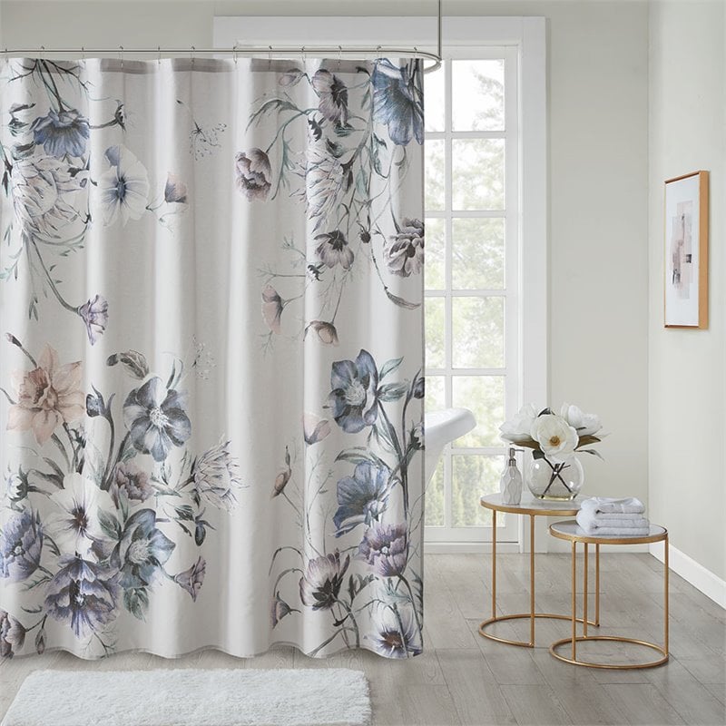 Madison Park Cassandra Contemporary Cotton Fabric Printed Shower Curtain in Blue