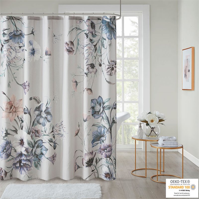 Madison Park Cassandra Contemporary Cotton Fabric Printed Shower Curtain in Blue