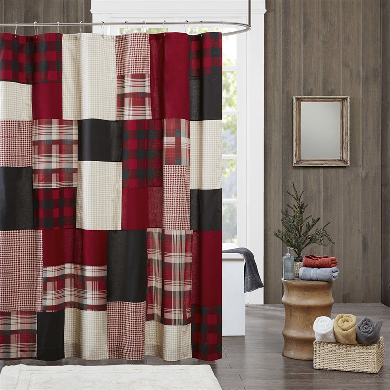 Woolrich Sunset Farmhouse Cotton Printed Pieced Lined Shower Curtain in Red