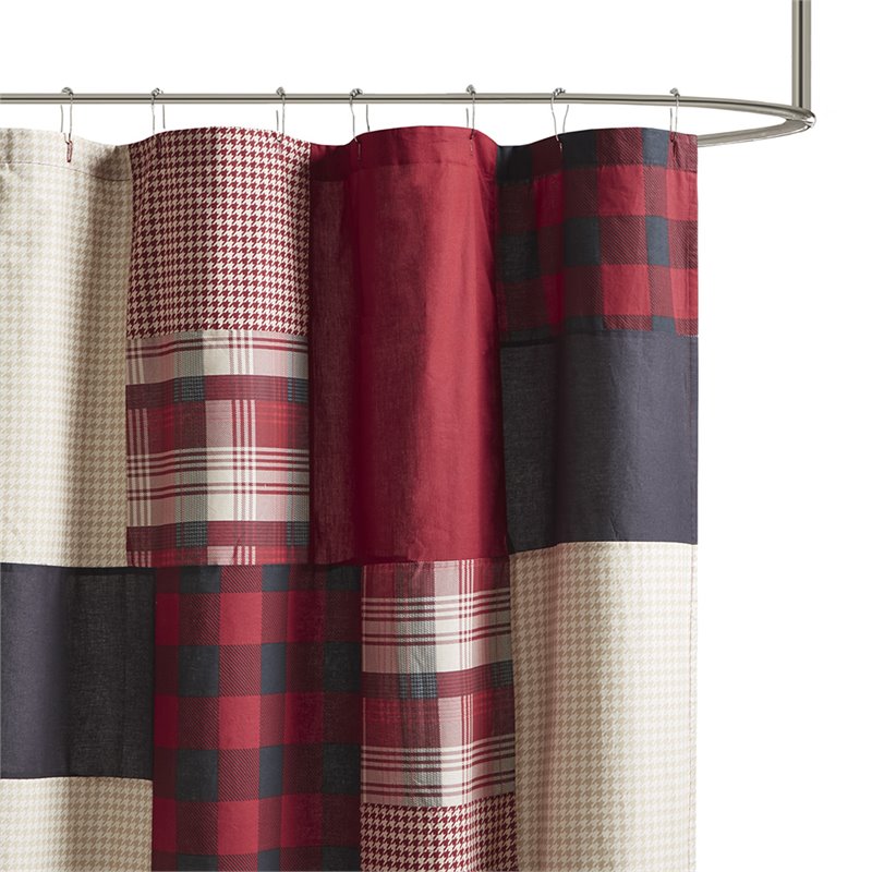 Woolrich Sunset Farmhouse Cotton Printed Pieced Lined Shower Curtain in Red