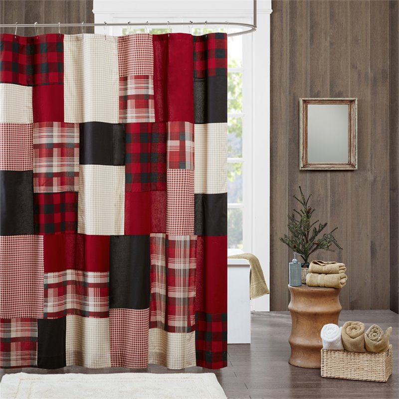 Woolrich Sunset Farmhouse Cotton Printed Pieced Lined Shower Curtain in Red