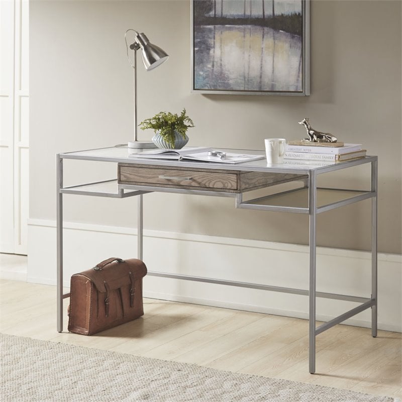 Madison Park Adela Tempered Glass and Metal Writing Desk in Antique Silver
