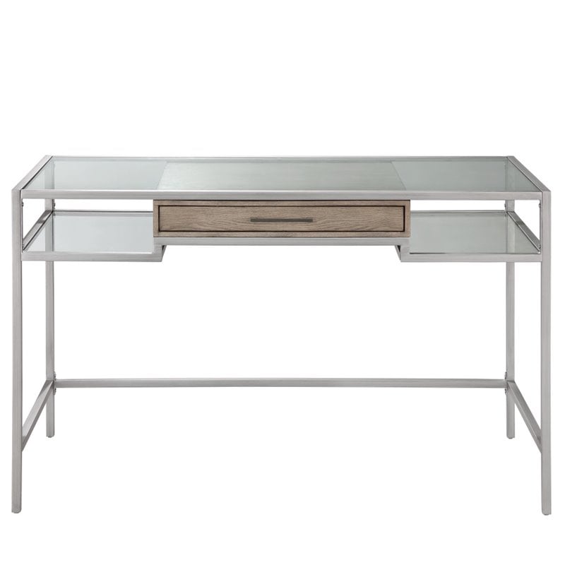 Madison Park Adela Tempered Glass and Metal Writing Desk in Antique Silver