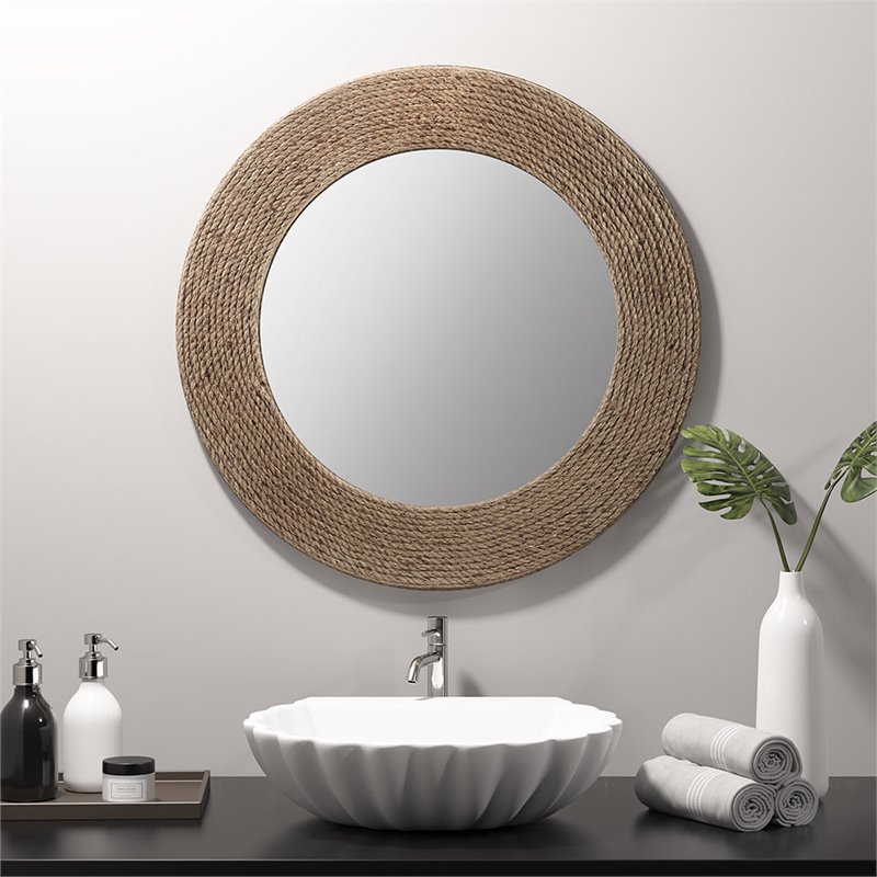 Madison Park Cove Round Coastal Glass Jute and MDF Mirror in Natural