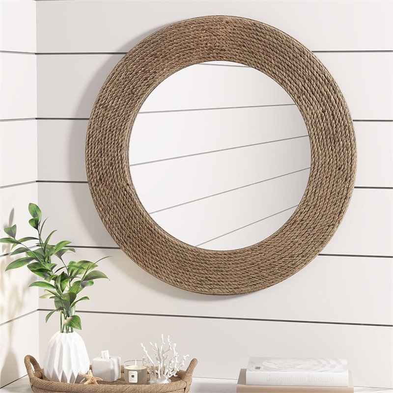 Madison Park Cove Round Coastal Glass Jute and MDF Mirror in Natural