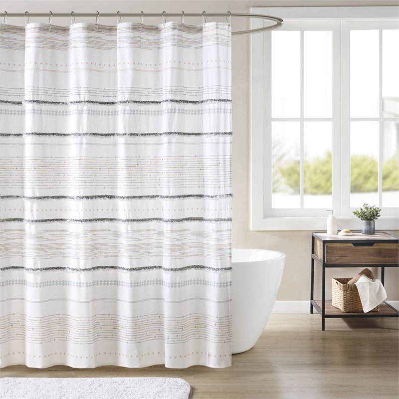 INK+IVY Nea Cotton Printed Shower Curtain with Trims in Off White/Gray