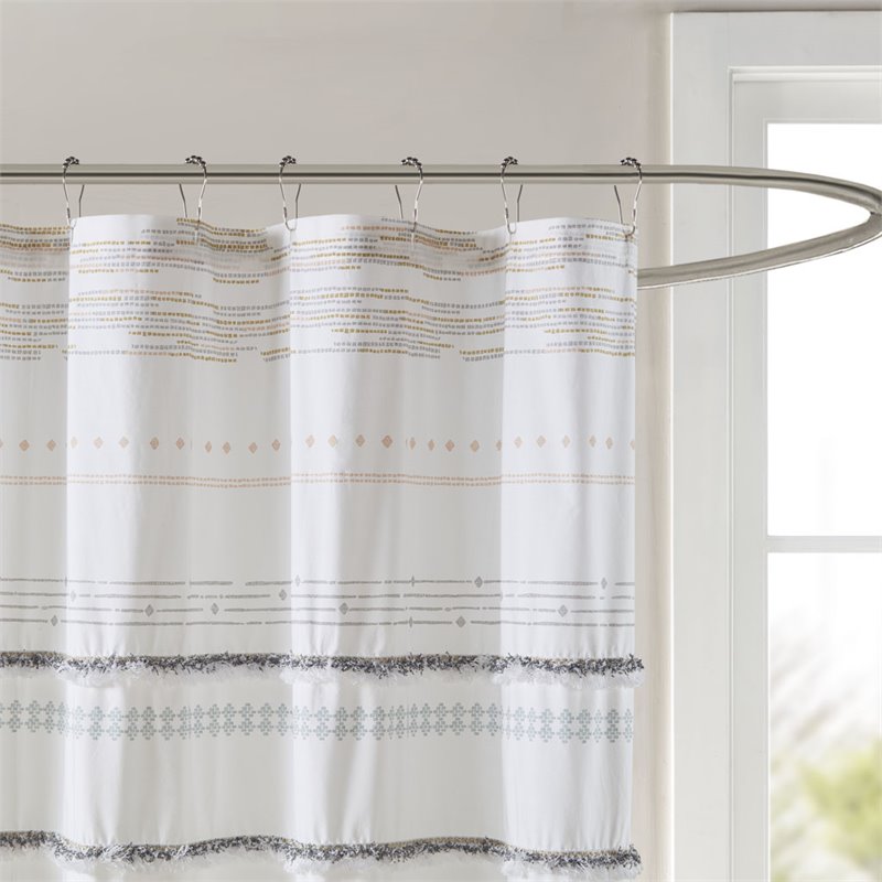 INK+IVY Nea Cotton Printed Shower Curtain with Trims in Off White/Gray