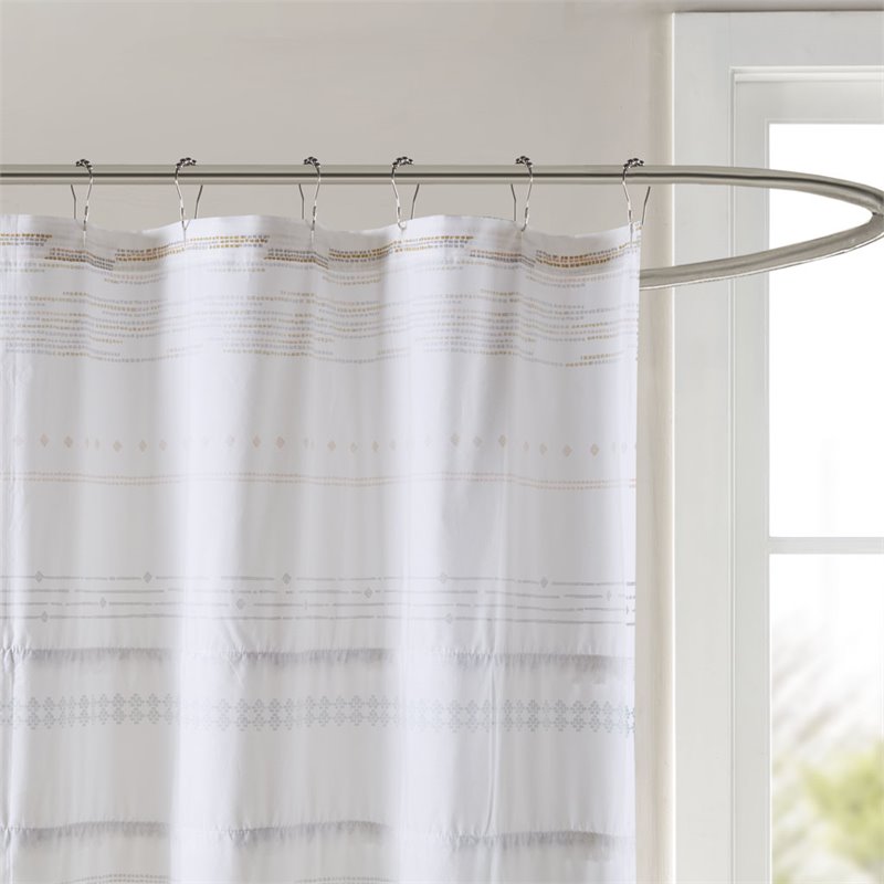INK+IVY Nea Cotton Printed Shower Curtain with Trims in Off White/Gray