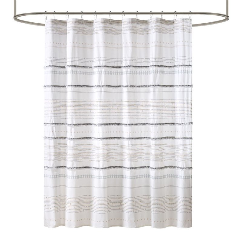 INK+IVY Nea Cotton Printed Shower Curtain with Trims in Off White/Gray