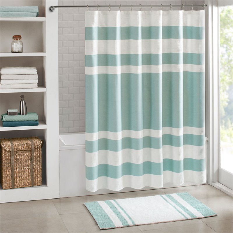 Madison Park Spa Waffle Weave Woven Polyester Shower Curtain in Aqua Blue