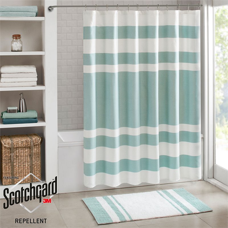 Madison Park Spa Waffle Weave Woven Polyester Shower Curtain in Aqua Blue