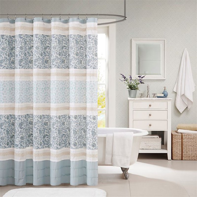 Madison Park Dawn Cotton Printed and Pieced Shower Curtain in Blue