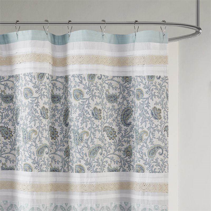 Madison Park Dawn Cotton Printed and Pieced Shower Curtain in Blue