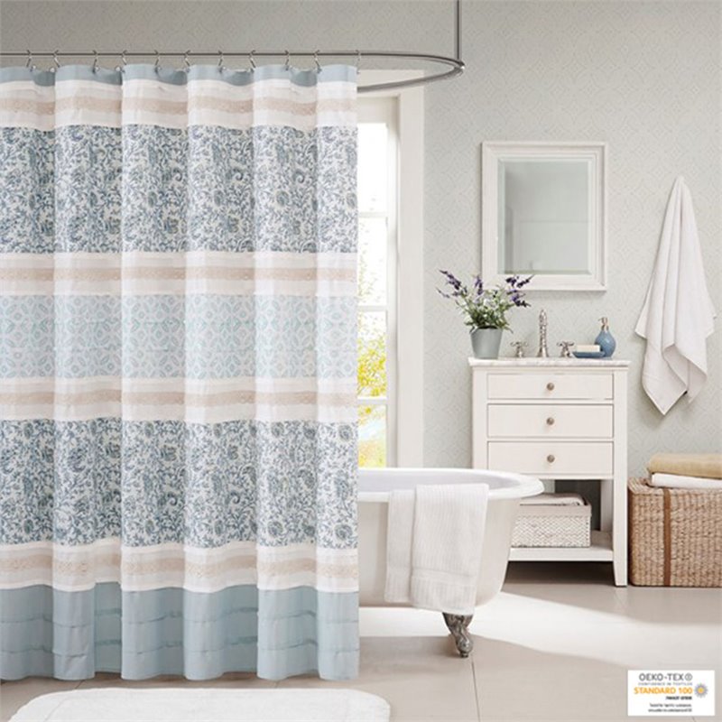 Madison Park Dawn Cotton Printed and Pieced Shower Curtain in Blue
