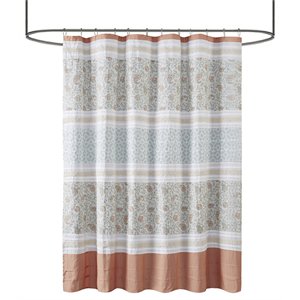 Madison Park Dawn Cotton Percale Printed Pieced Shower Curtain in Coral Pink