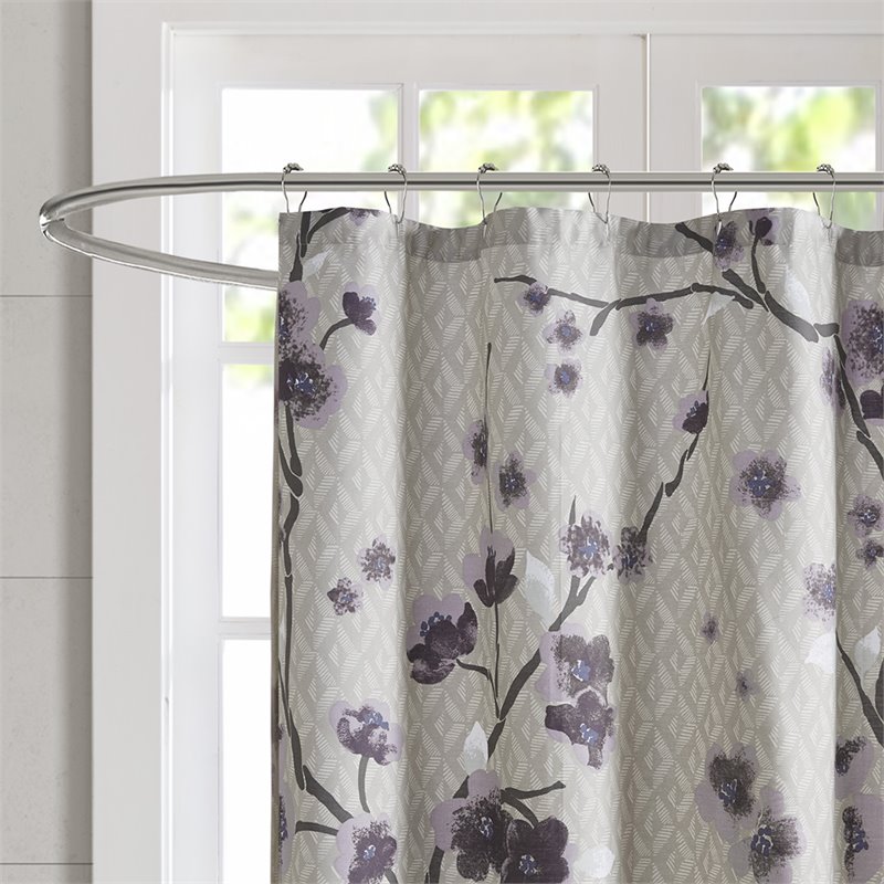 Madison Park Holly Cotton Printed Cherry Blossom Shower Curtain in Purple