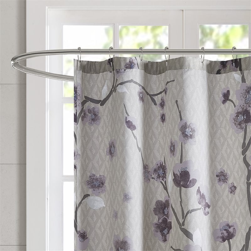 Madison Park Holly Cotton Printed Cherry Blossom Shower Curtain in Purple
