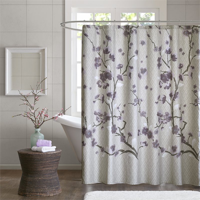 Madison Park Holly Cotton Printed Cherry Blossom Shower Curtain in Purple