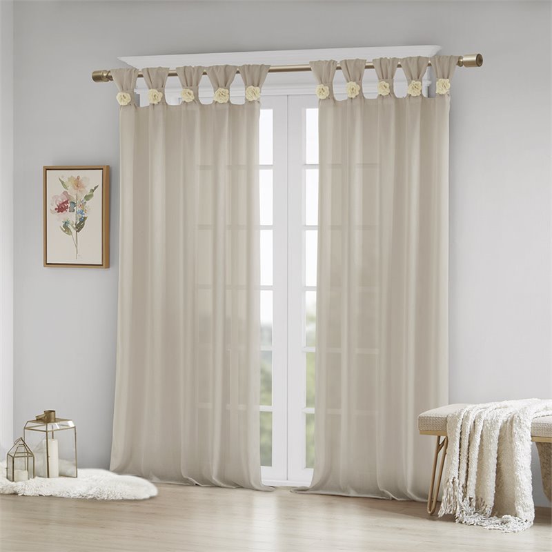 Madison Park Rosette Faux Linen Fabric Floral Cuff Tab Top Window Panel in Cream