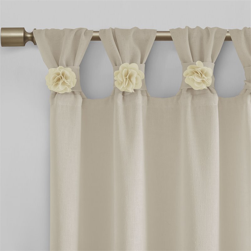 Madison Park Rosette Faux Linen Fabric Floral Cuff Tab Top Window Panel in Cream